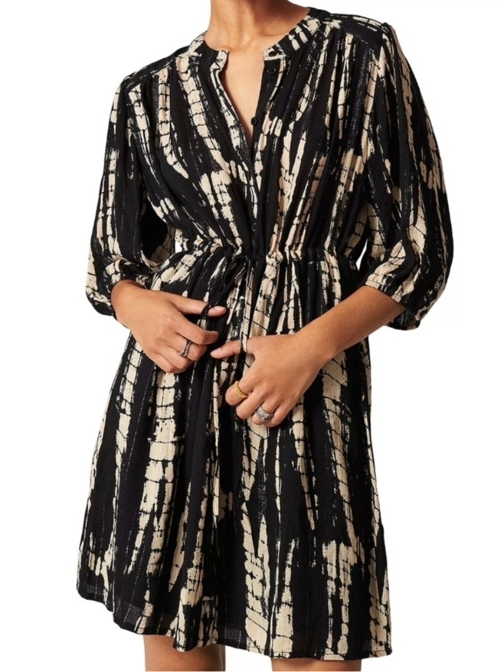Ba&sh Kenya Abstract Tie Dye Metallic Shimmer 3/4 Sleeve Drawstring Waist Dress